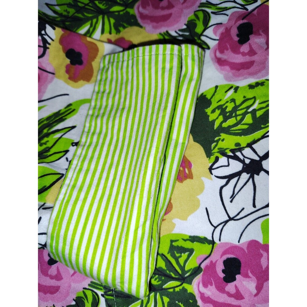 Keren Hart Floral Shacket Shirt Jacket Pockets Size L (Est) Pink Green Stripe - Picture 4 of 13